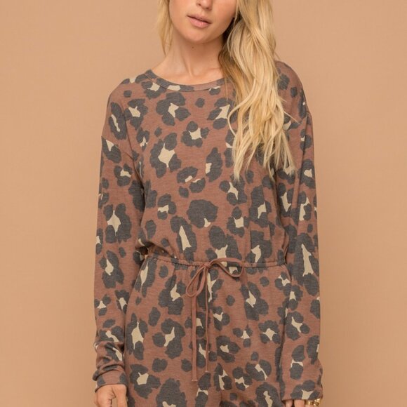 HEM & THREAD Brown Leopard Print Long Sleeve Romper, Soft Knit Lounge Jumpsuit - Picture 5 of 8